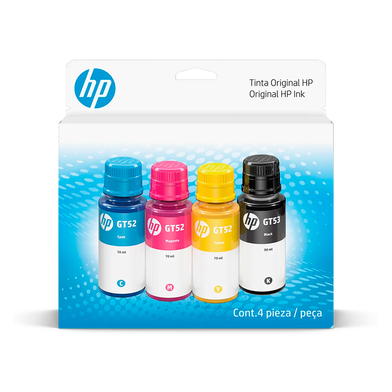 Combo Kit De Botellas De Tinta HP Gt53/Gt52, (Pack De 4), Negro, Magenta, Cian, Amari