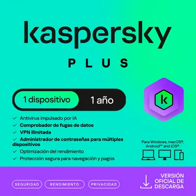 Antivirus Kaspersky Plus, Para 1 Pc, Lic 1 Año, Producto Virtual.
